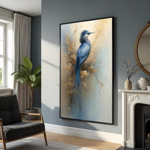 Elegant Blue Bird Canvas, Floral Bird Art, Nature Wall Print, Wall Art Canvas Design, Ready To Hang Decoration