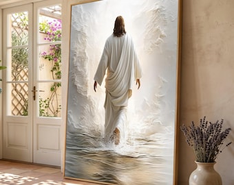 Canvas Jezus loopt op water, christelijke muurkunst, inspirerend religieus canvas, spirituele huisdecoratie, goddelijk geloof kunstwerk