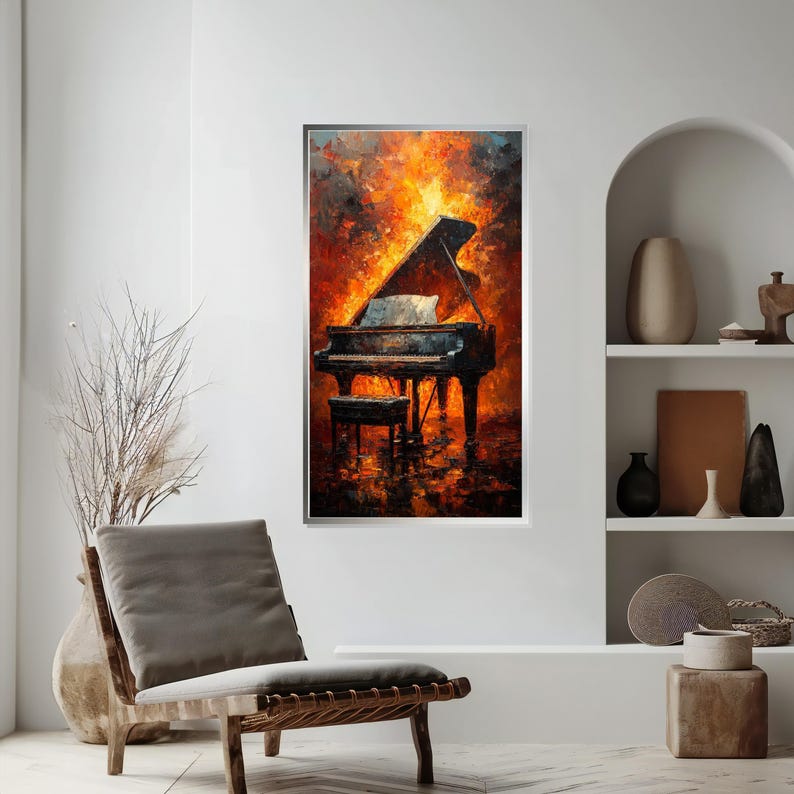 Fiery Piano Canvas Art, Burning Piano Wall Art, Vibrant Music Canvas, Wall Art Canvas Design, Ready To Hang Decoration