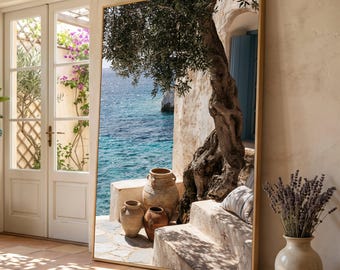 Mediterranean Sea View Canvas, Rustic Olive Tree, Clay Pots Wall Art, Coastal Home Decor, Sunlit Terrace Canvas