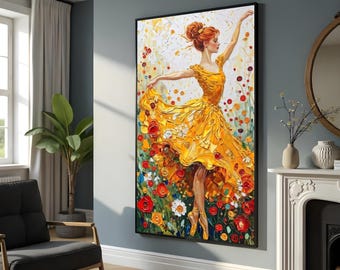 Graceful Ballerina in Yellow Dress, Floral Dance Canvas Wall Art, Impressionist Ballet Painting, Colorful Flower Field Decor, Ready to Hang