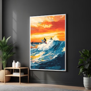 Lienzo de surf al atardecer, arte mural de surf, impresión de olas oceánicas, póster de tabla de surf, decoración de surf, diseño de lienzo para pared, decoración lista para colgar