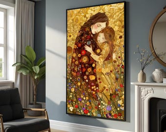 Mother and Child Canvas, Klimt Style Art, Floral Embrace Print, Wall Art Canvas Design, Ready To Hang Decoration