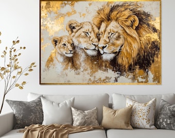 Family of Lions Canvas, Lion Family Wall Art, Animal Portrait, Wall Art Canvas Design, Ready To Hang Decoration, Majestic Lions Print