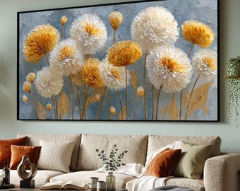 Golden and White Floral Canvas Wall Art, Dandelion Flowers Painting, Modern Botanical Canvas, Elegant Home Decor, Ready to Hang