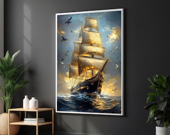 Golden Sailing Ship Canvas, Majestic Ship Wall Art, Seagulls and Sea, Nautical Canvas Design, Wall Art Canvas, Ready to Hang Decoration