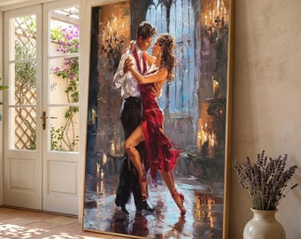 Romantic Tango Dance Canvas Wall Art, Passionate Couple Painting, Red Dress Ballroom Scene, Elegant Dance Artwork, Home Decor Canvas