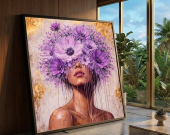 Abstract Woman with Purple Flowers Canvas, Floral Face Art, Modern Portrait Wall Art, Contemporary Canvas Decoration, Feminine Home Decor