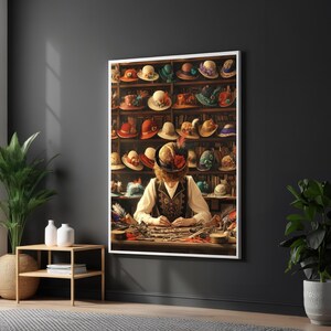 May include: A framed print of a milliner's workshop, showcasing a variety of hats on shelves. The artisan is working at a table with tools and materials. The hats are in various colors and styles, including fedoras, bonnets, and wide-brimmed hats.