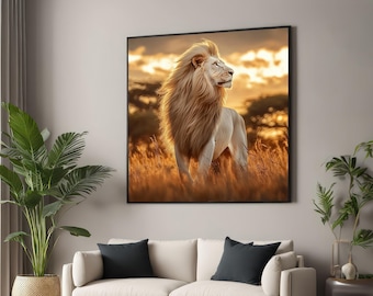 White Lion Sunset Canvas, Majestic Lion Wall Art, Wildlife Poster, Wall Art Canvas Design, Ready To Hang Decoration, Sunset Lion Print
