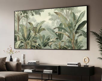 Lienzo de hojas de plátano tropical, pintura de follaje de selva verde, decoración botánica, lienzo de plantas frondosas grandes, arte de pared moderno para el hogar.