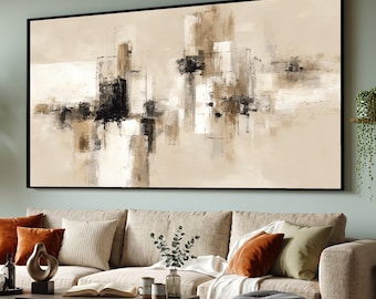 Modern Abstract Geometric Canvas Wall Art, Neutral Tones Painting, Contemporary Minimalist Decor, Beige and Black Art, Ready to Hang
