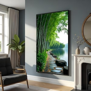 Lienzo de camino de bambú, arte mural de bosque tranquilo, impresión de paisaje natural, póster con vista serena al lago, diseño de lienzo para arte mural, listo para colgar
