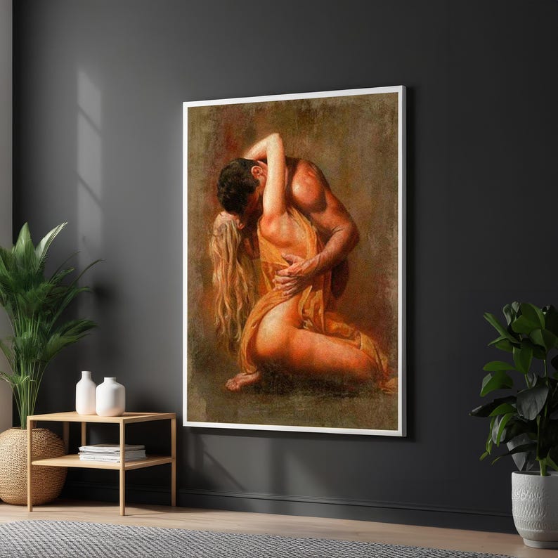 Embrace of Passion Canvas, Romantic Wall Art, Couple in Love Poster, Sensual Art Print, Wall Art Canvas Design, Ready to Hang Decoration