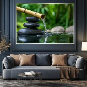 Zen Stone  Bamboo Canvas, Tranquil Water Flow Art, Relaxation Wall Decor, Peaceful Zen Vibes, Meditation Canvas Design, Ready To Hang Art