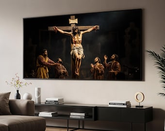 Jezus aan het kruis canvas, kruisiging scènekunst, religieuze muurkunst, christelijk canvasontwerp, klaar om op te hangen spirituele decoratie