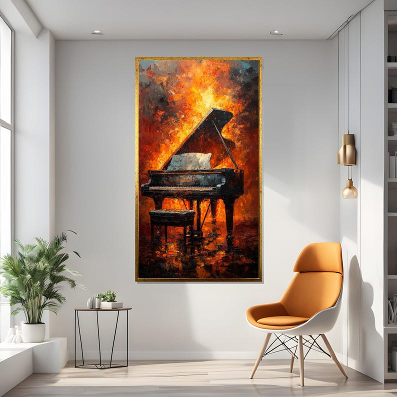 Fiery Piano Canvas Art, Burning Piano Wall Art, Vibrant Music Canvas, Wall Art Canvas Design, Ready To Hang Decoration