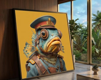 Steampunk Fish Captain Portrait Canvas, Whimsical Sea Creature Wall Art, Nautical Character Design, Marine Fantasy Canvas, Home Decoration
