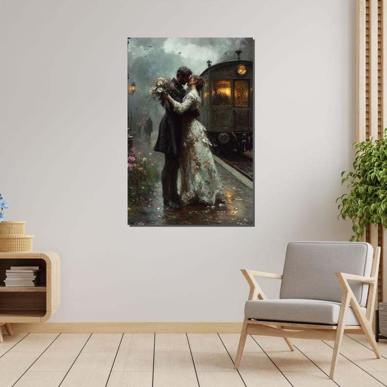 Vintage Train Station Romance, Lovers Kiss Canvas Art, Romantic Couple Wall Art, Vintage Love Poster, Wall Art Canvas Design, Ready to Hang