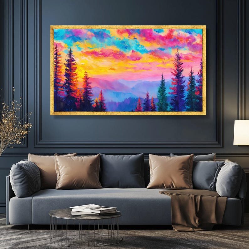 Vibrant Sunset Sky Canvas, Colorful Mountain Landscape, Pine Trees Wall ...