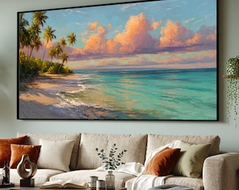 Tropischer Sonnenuntergang Strandszene Leinwand, Palmen Meerblick, Meerlandschaft Wandkunst, Küstendekoration, Sonnenuntergang Wolken Gemälde