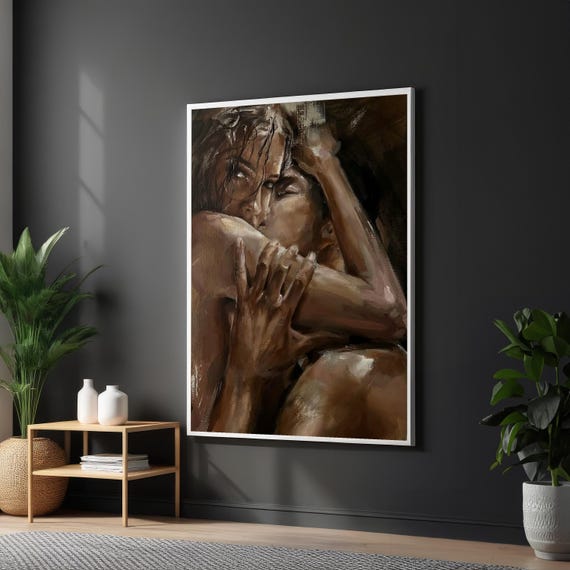 Embrace of Passion Canvas, Romantic Couple Wall Art, Intimate Love Print, Modern Art Canvas Design, Ready to Hang Bedroom Decor