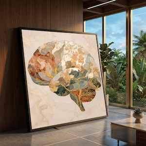 Op de afbeelding: Ingelijste kunstprint met een gestileerde hersenillustratie. Het kunstwerk maakt gebruik van een palet van aardetinten, waaronder goud, bruin en beige, met een vleugje blauw. De hersenstructuur wordt benadrukt met gouden aderen.