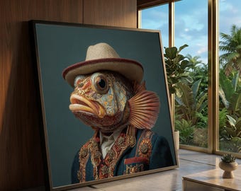 Surreal Fish Portrait Canvas, Artistic Animal Wall Art, Fish Head with Embroidered Jacket & Straw Hat, Whimsical Home Decoration, Unique