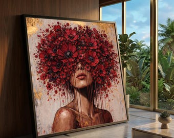 Red Floral Face Portrait Canvas, Abstract Woman Art, Modern Decorative Wall Art, Bold Flower Headpiece Canvas, Contemporary Home Decor