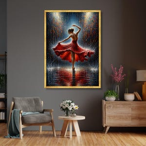 May include: A framed artwork showing a dancer in a red dress, captured mid-performance. The painting shows a dynamic pose with the dancer's skirt swirling. The background features a dark, textured effect with light and water elements, creating a dramatic scene.