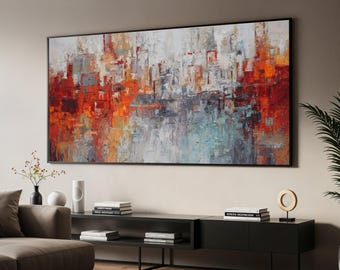 Abstract Cityscape Canvas Wall Art, Modern Urban Skyline Painting, City View Print, Contemporary Home Décor, Vibrant Red and Gray Artwork