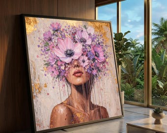 Elegant Woman Portrait with Floral Crown Canvas, Pink Purple Flowers Wall Art, Contemporary Female Face Painting, Modern Blossom Canvas