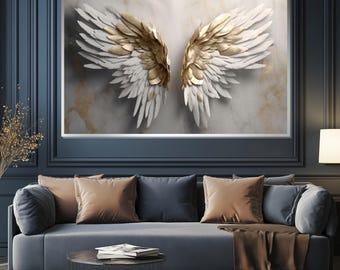 Gold Feather Wings Canvas, Angel Wings Wall Art, Elegant Feather Decor, Wall Art Canvas Design, Ready to Hang Decoration