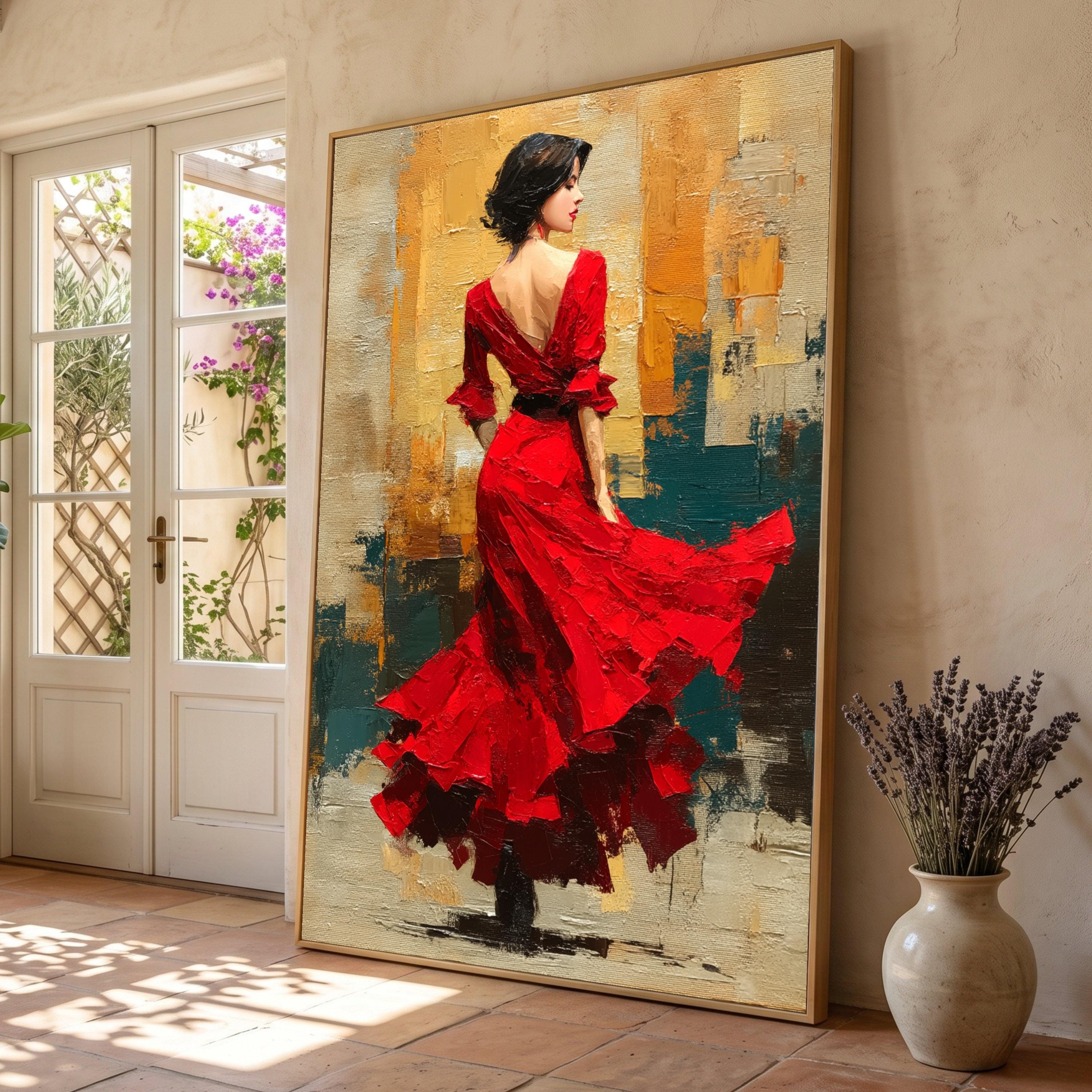 Elegant Red Dress Woman Canvas, Abstract Flamenco Dance Art