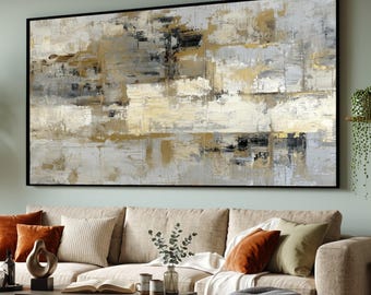 Modern Abstract Canvas Wall Art, Gold Silver Grey Tones, Contemporary Home Decor, Thick Paint Brush Stroke Design, Ready to Hang