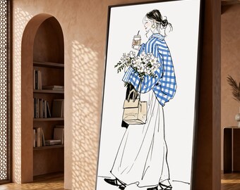 Elegant Woman with Flowers and Coffee Canvas, Chic Fashion Illustration Wall Art, Blue Check Shirt Canvas, Modern Lifestyle Decor