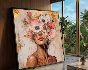 Floral Face Abstract Portrait Canvas, Woman with Blossoms Wall Art, Modern Painting, Gold Accent Home Decor Canvas, Feminine Expression Art