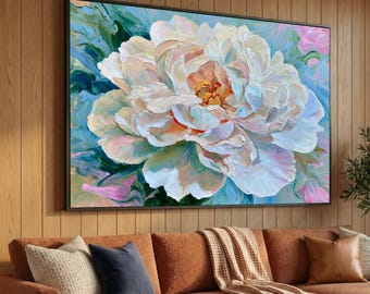 White Peony Bloom Canvas Wall Art, Floral Close-Up Canvas, Elegant Flower Wall Decor, Pastel Color Palette, Home Accent Decoration