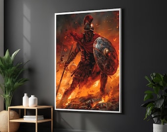 Warrior Spartan Canvas Art, Ancient Soldier Wall Print, Battle Scene Poster, Wall Art Canvas Design, Ready to Hang Decoration