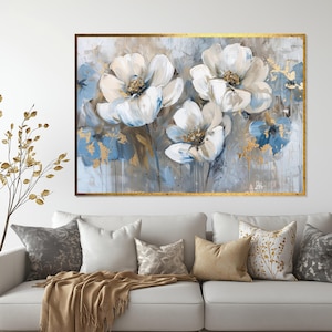 Elegant Floral Canvas, Blue and White Flowers Wall Art, Abstract Flower Print, Wall Art Canvas Design, Ready to Hang Decoration