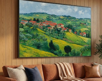 Tuscan Countryside Landscape Canvas, Italian Village Wall Art, Red Roof Homes, Green Hills Scenic Canvas, Rustic Nature Decor, Ready to Hang