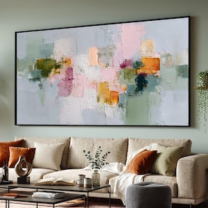 Modern Abstract Canvas Wall Art, Soft Pastel Blocks, Green and Peach Tones, Contemporary Home Decoration, Large Wall Canvas