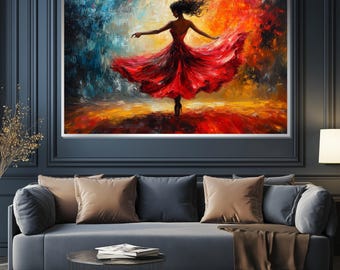 Flamenco-Tänzerin Leinwand, rotes Kleid Kunst, tanzende Silhouette Malerei, Wand-Kunst-Leinwand-Design, fertig zum Aufhängen