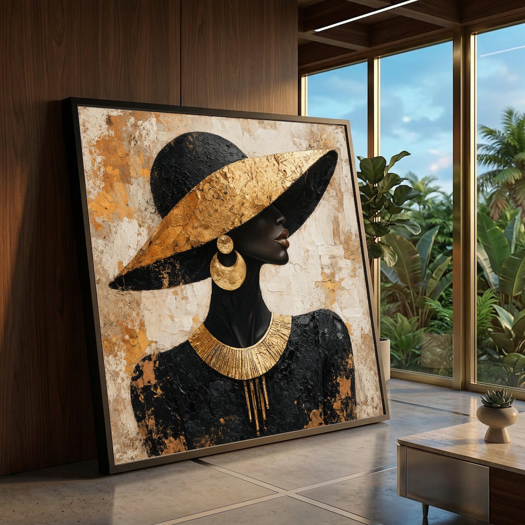 Elegant Black Woman Portrait Canvas, Gold Accent Wall Art, Modern ...
