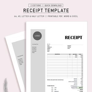 Editable Receipt Template – Minimalist Design, A4 & Letter (PDF, Word, PPT)