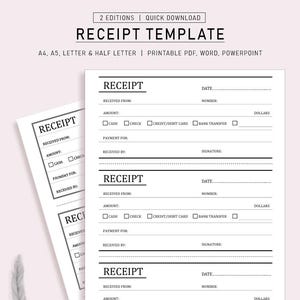 Editable Customer Receipt Template: Minimalist Design (PDF, Word, PPT, A4, A5, Letter Sizes)