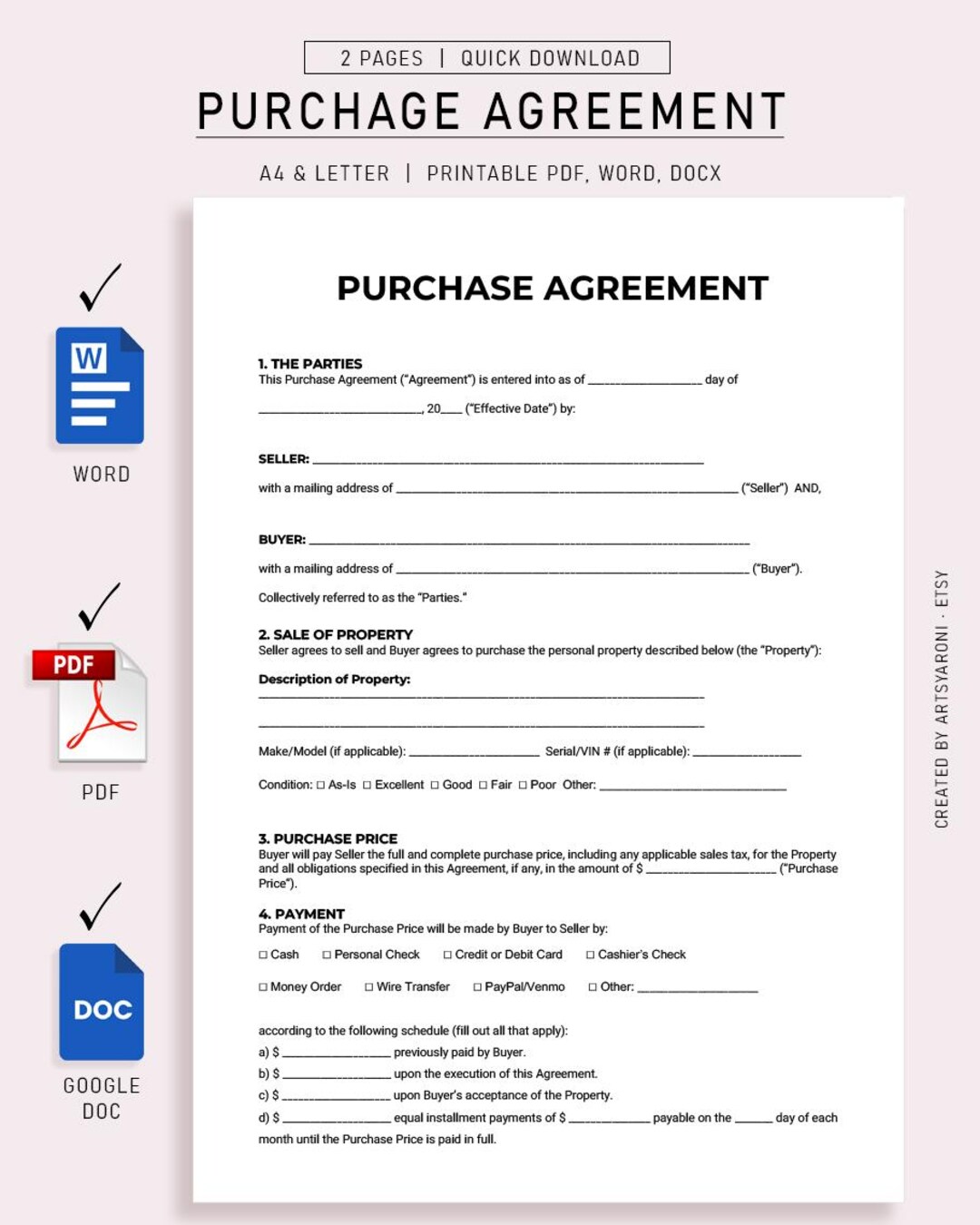 Printable Purchase Agreement Template | Editable Purchase & Sale ...