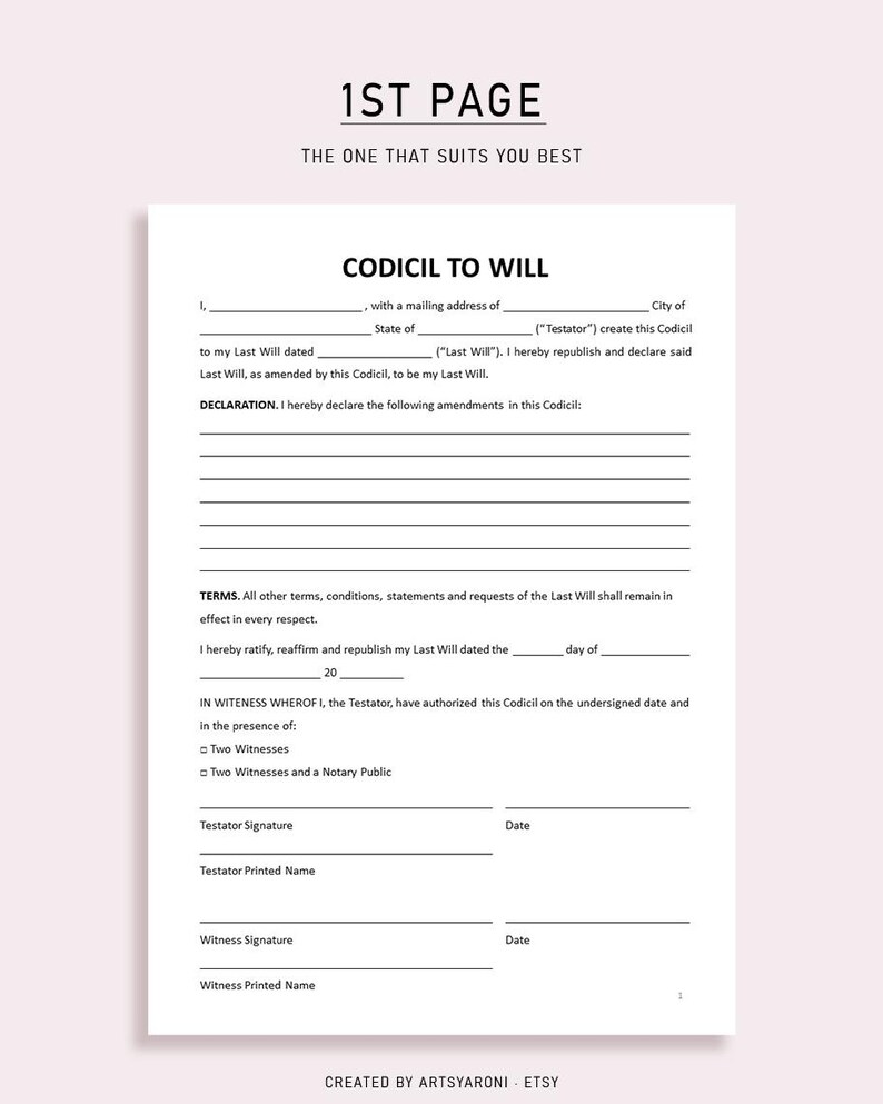 Will Codicil Template | Editable Printable Legal Form A4 US Letter PDF ...