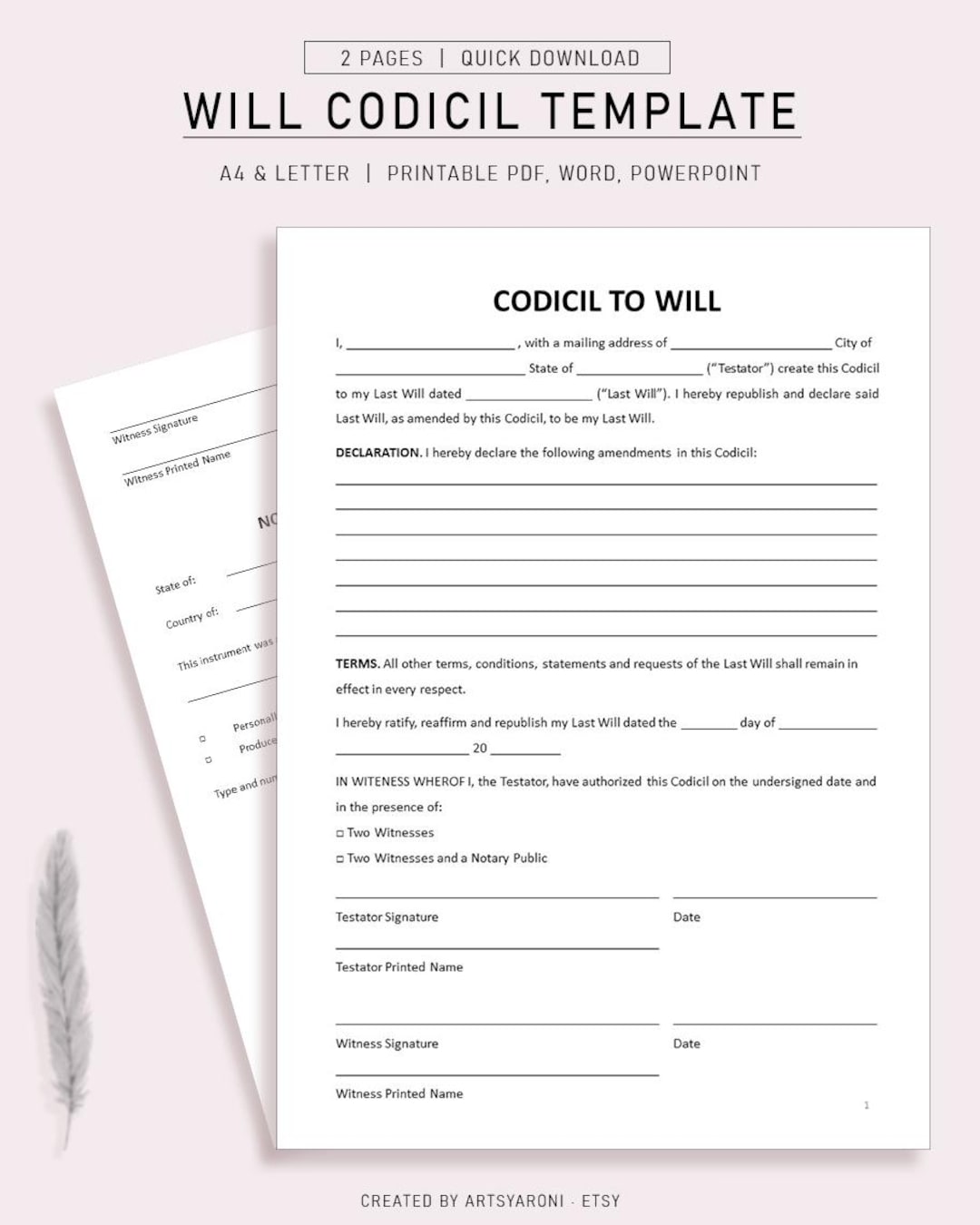 Will Codicil Template | Editable Printable Legal Form A4 US Letter PDF ...