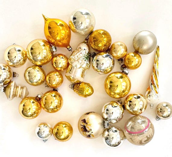 Vintage Gold Silver Ornament Lot of 28 Glass Ornaments Bulbs Santa Reindeer Icicle UFO Retro Mid Century